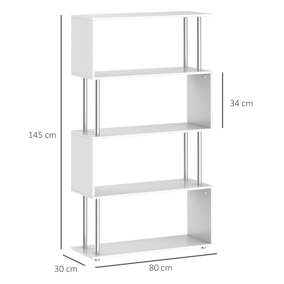 image 1 of HOMCOM S Shape Bookcase, 5 Tiers Bookshelf, Modern Freestanding Storage Shelf for Home Office, Study, Living Room, 80 x 30 x 145cm, White