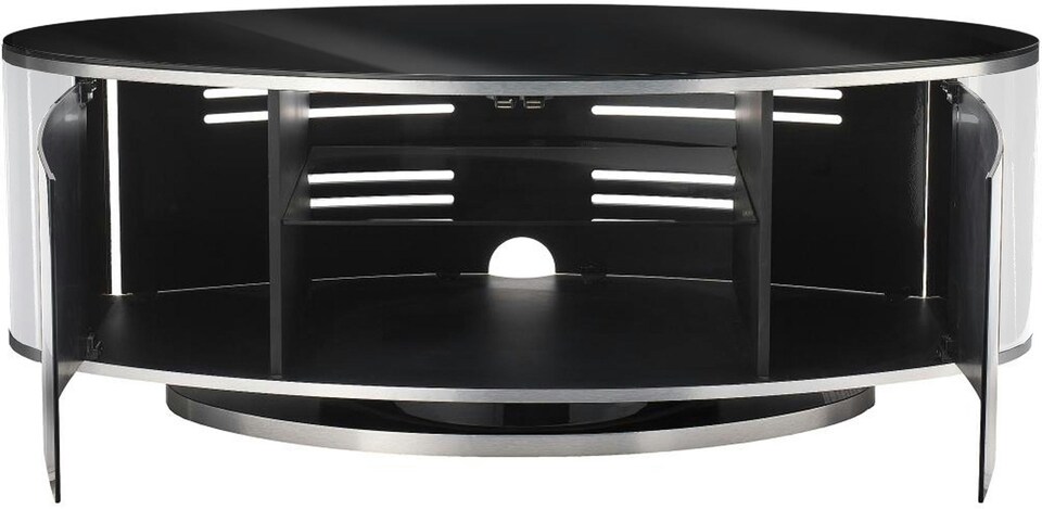 image 1 of MDA Designs LUNA Gloss Black Oval Cabinet with White Profiles and Black BeamThru Glass Doors Suitable for Flat Screen TVs up to 50" | Multi | 1