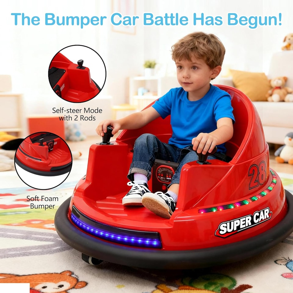 image 1 of Alivio Remote Control Bumper Car for Kids, 360° Spin with Lights, Music & Safety Belt (Red)