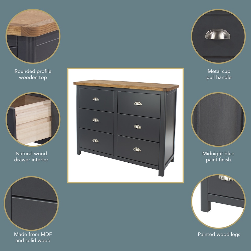 image 1 of Dunkeld 3+3 Drawer Wide Chest - Midnight Blue Painted Wood Bedroom Storage with Antique Waxed Top | Blue | Blue | 1