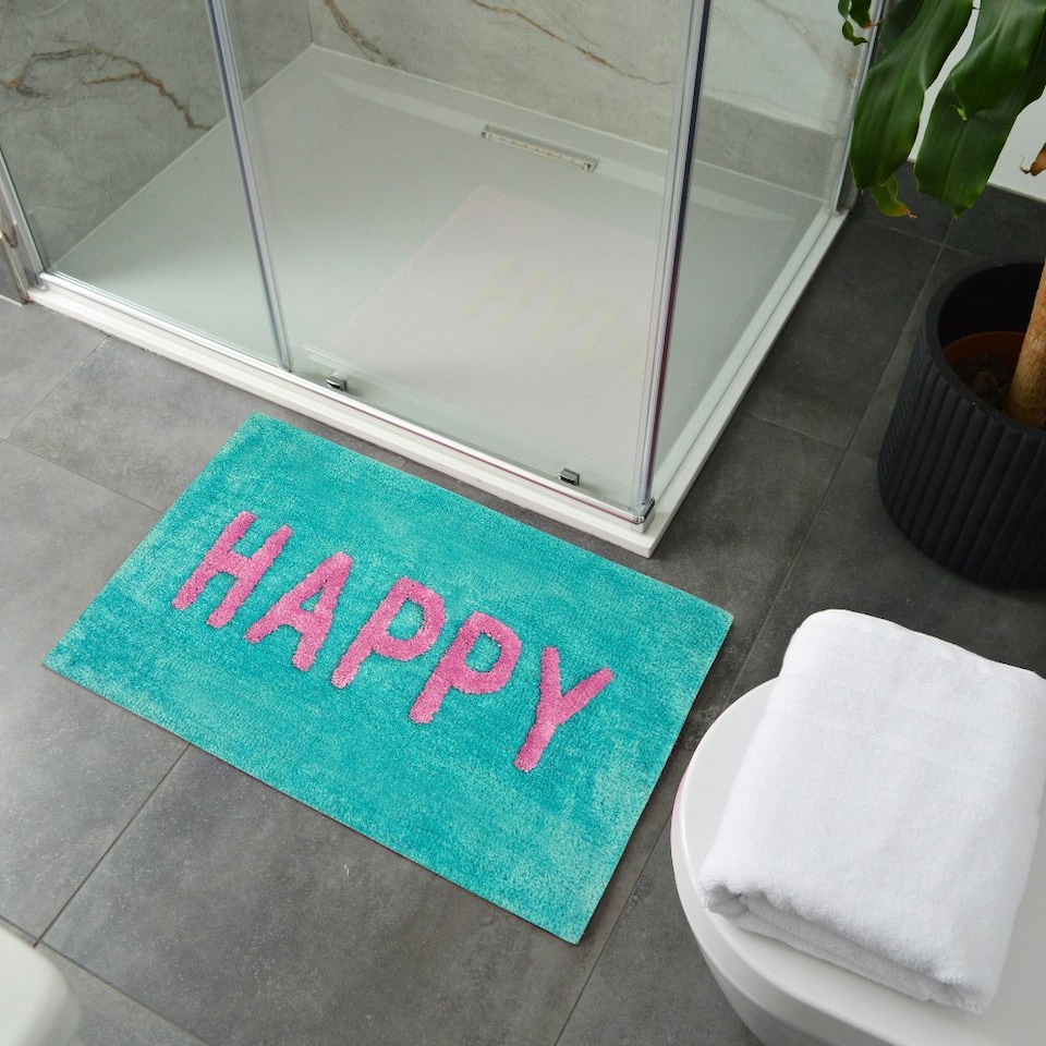 image 1 of Happy Slogan Colourful Bath Mat Non Slip - Soft & Absorbent Blue | Turquoise
