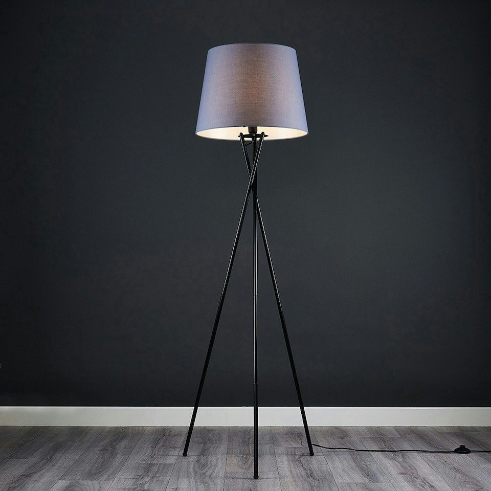 image 1 of ValueLights Camden Black Tripod Floor Lamp and Grey Tapered Shade Grey