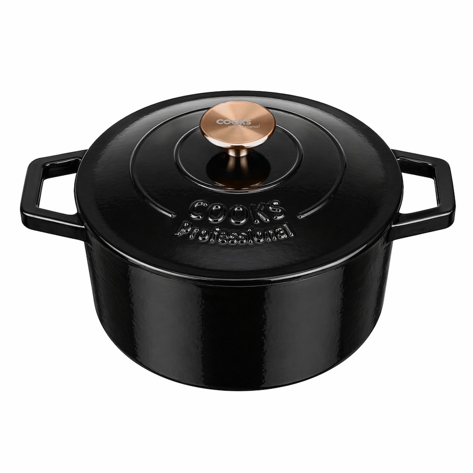 image 1 of Cooks professional Cast Iron Casserole Dish 20cm - Ovenproof Pan with Lid | Black | Shiny Black