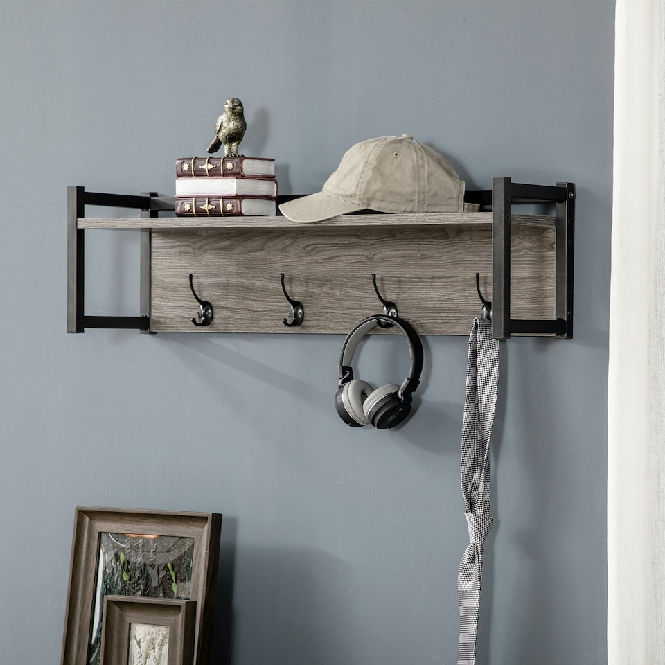 image 1 of HOMCOM Rustic Wall-Mounted Coat Rack Floating Shelf with 4 Hooks for Entryway