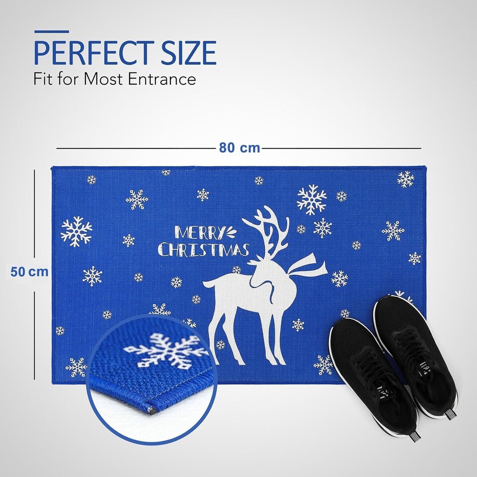 image 1 of London Boutique Christmas Doormat with Snowflake and Reindeer Print, Blue, 50 x 80 cm