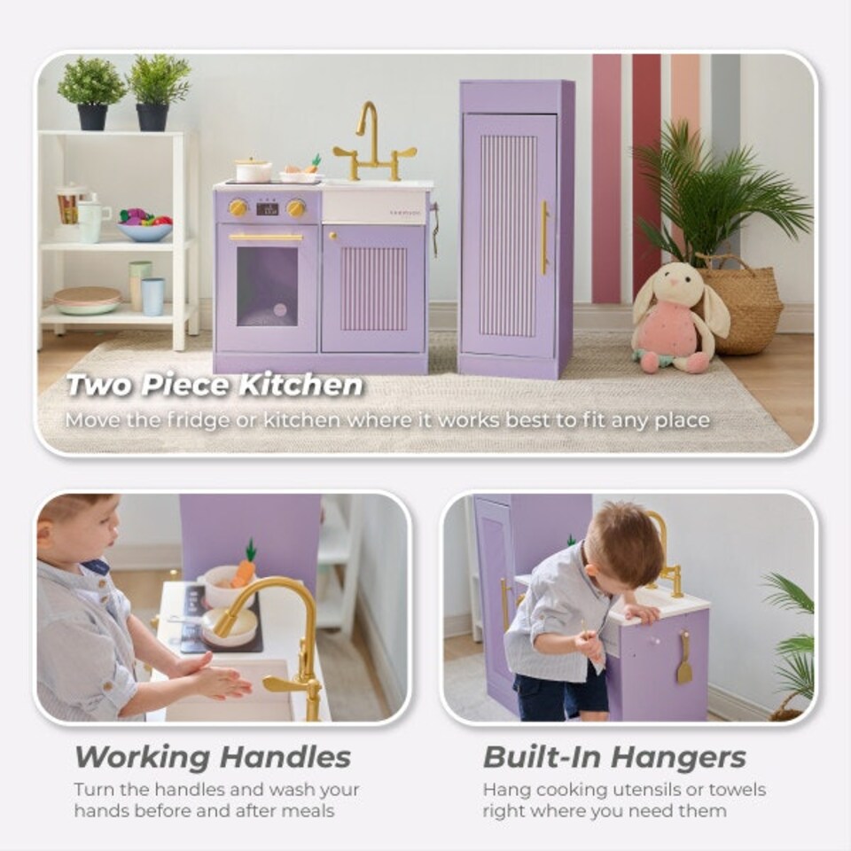 image 1 of Teamson Kids Little Chef Chester Play Kitchen in Purple with Fridge, Stove, 12 Accessories, Shelves & Hooks