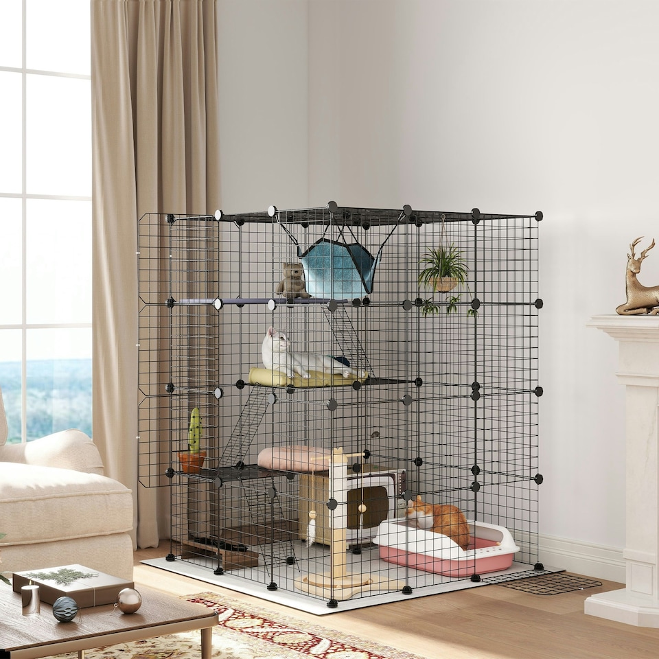image 1 of PawHut DIY 4 Tier Cat Cage Indoor with Hammock, Ramps, Doors, for 1-3 Cats