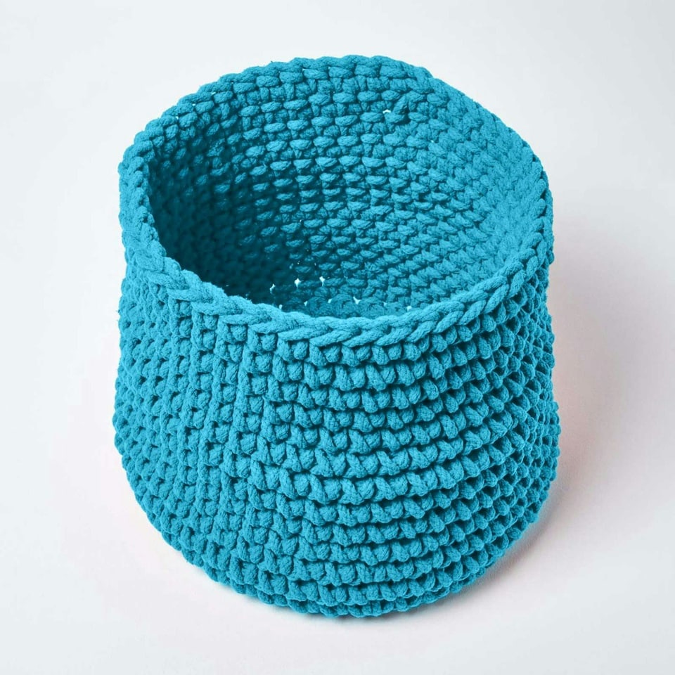 image 1 of Homescapes Teal Blue Cotton Knitted Round Storage Basket - 42 x 37cm | Blue | L