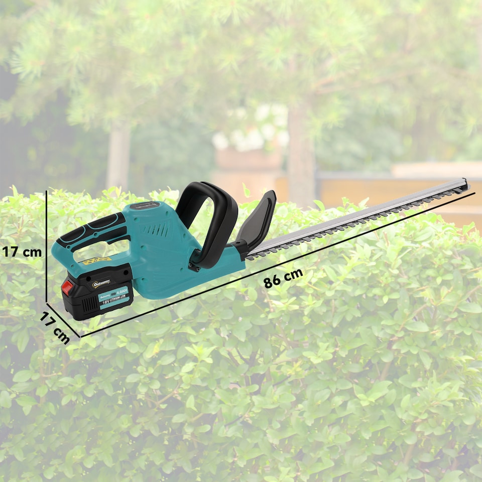 image 1 of Outsunny 20 Cordless Hedge Trimmer, 18V Electric Hedge Cutter with 51cm Dual Action Blade, 2 x 4000mAh Batteries and Brushless Motor for Garden Branches, Shrubs, Twigs, Blue