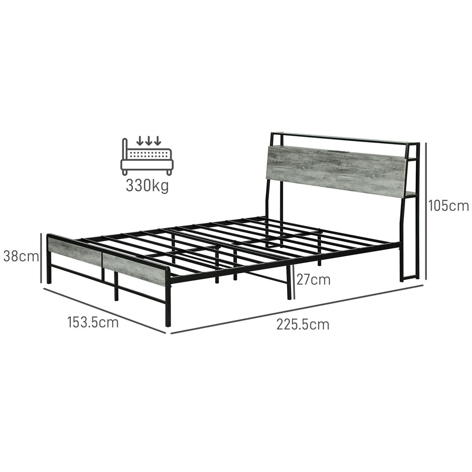 image 1 of HOMCOM LED King Bed Frame with Charging Station, 150 x 200cm, Cement Grey