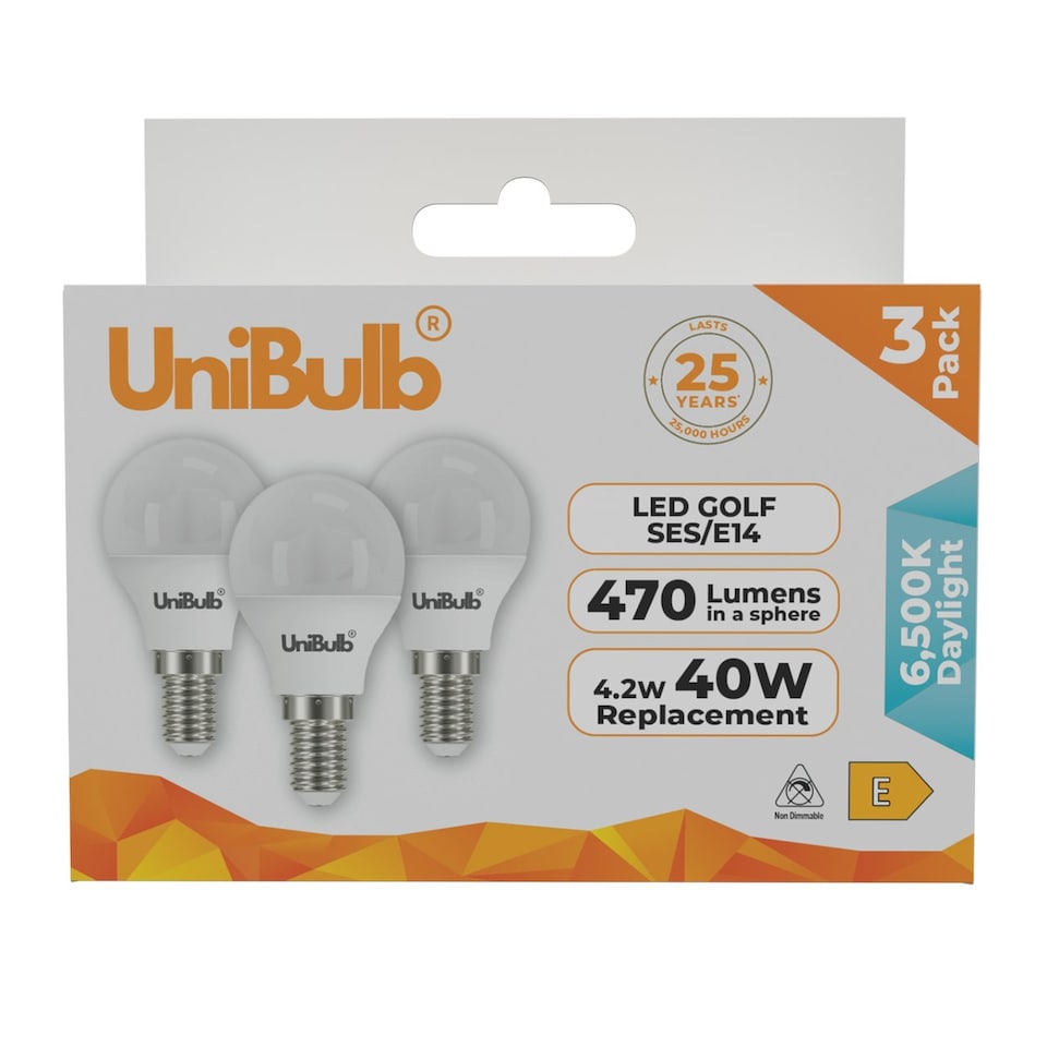 image 1 of UniBulb LED Golf Ball E14 470lm 4.2W 6500K (Daylight) Light Bulb - Pack of 3