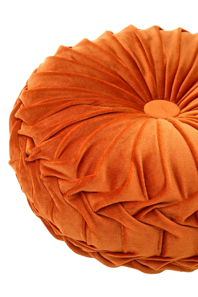 image 1 of Living and Home Round Pleated Pumpkin Velvet Cushion, Orange, 45cm | Orange