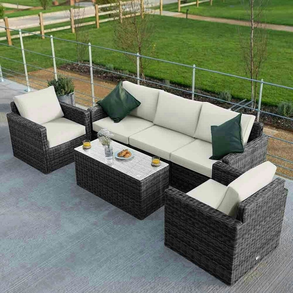 image 1 of Luxury Rattan 5 Seater Sofa Set with Coffee Table in Stone