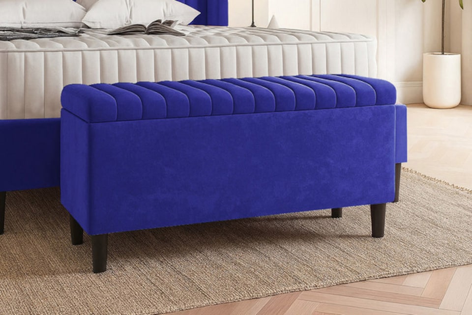 image 1 of 137cm Lined Upholstered Ottoman Storage box - Sapphire Blue Plush Velvet Blanket Storage Box with Wooden Legs