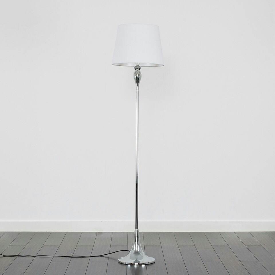 image 1 of ValueLights Faulkner Polished Silver Floor Lamp with Medium White Tapered Shade and E27 GLS LED 10W Warm White 3000K Bulb White