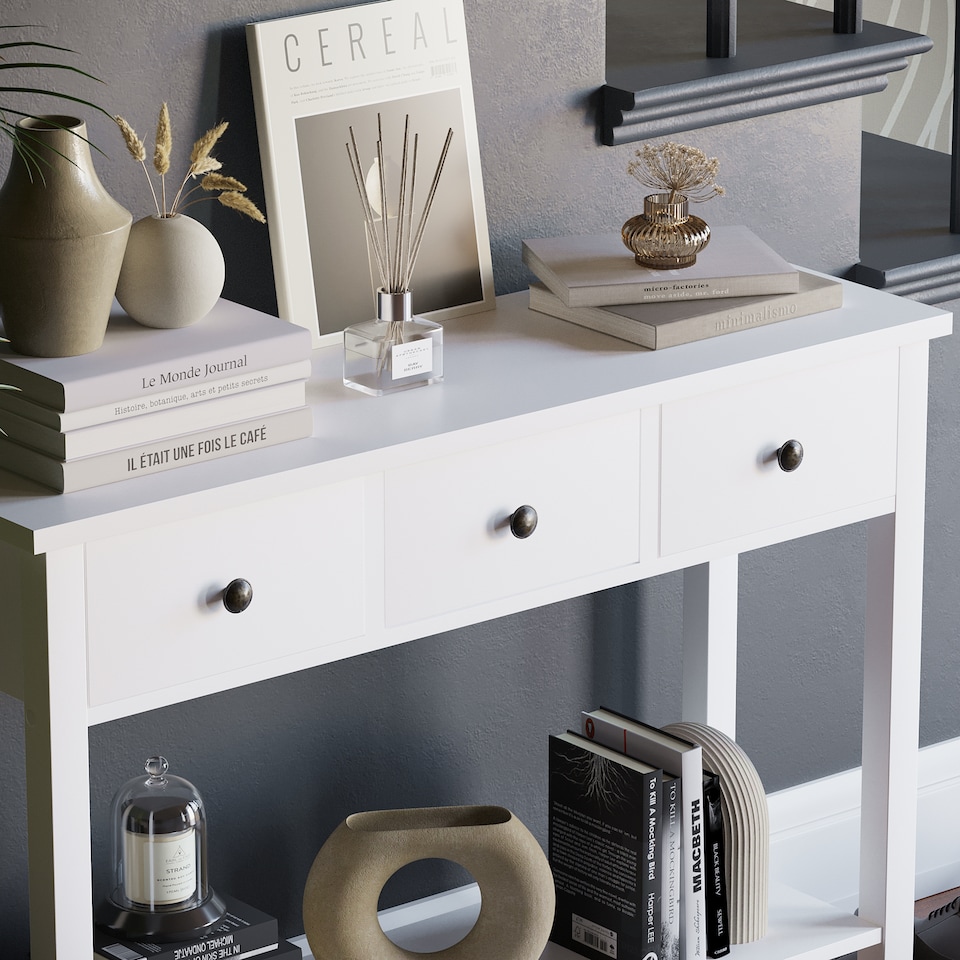 image 1 of Vida Designs Windsor 3 Drawer Console Table With Shelf, White