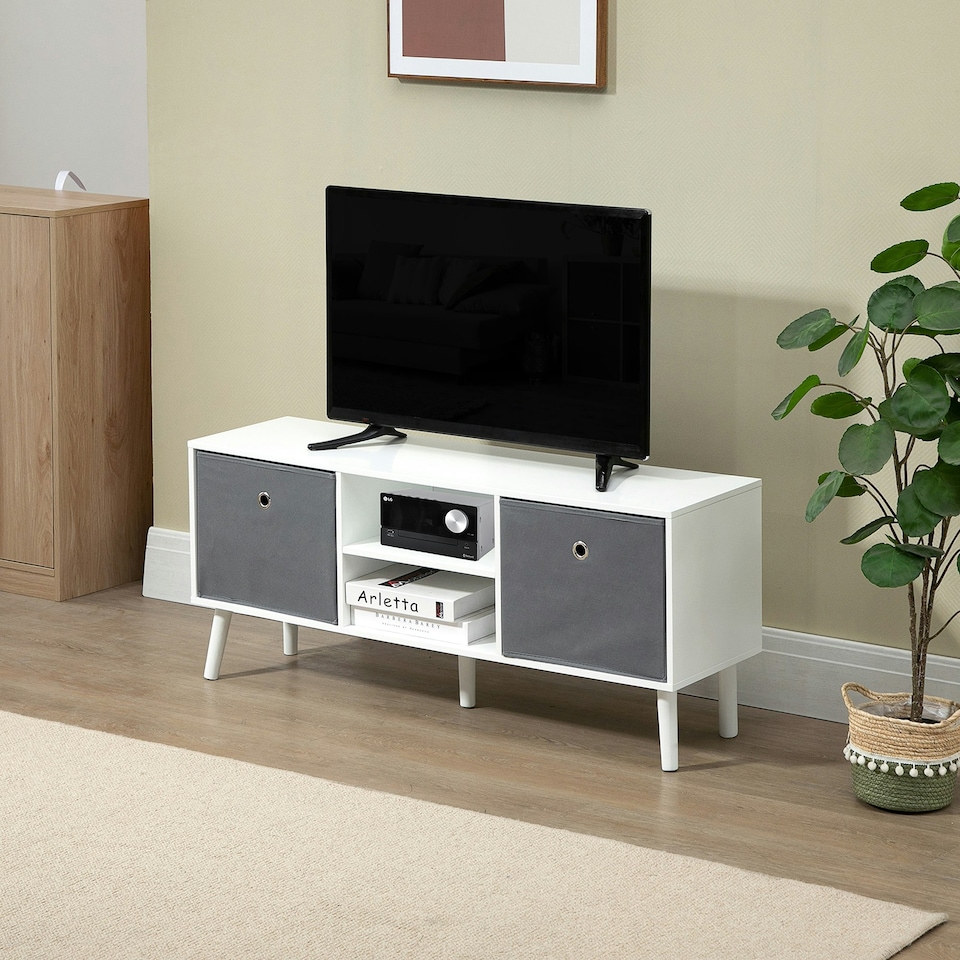 image 1 of HOMCOM Modern TV Cabinet Stand w/ Shelves & Drawers, Bedroom White & Grey