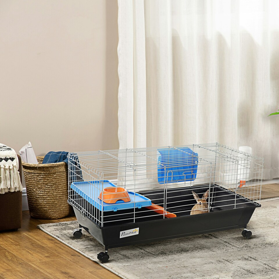image 1 of PawHut 89cm Small Animal Cage for Rabbit Guinea Pig w/ Food Dish Black