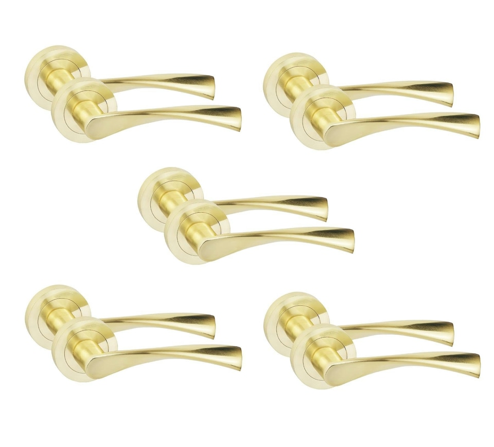 image 1 of Golden Grace 5 Pair Astrid Design Door Handles Satin Brass Finish with Spindle and Fixings | Grey | 5 Pairs