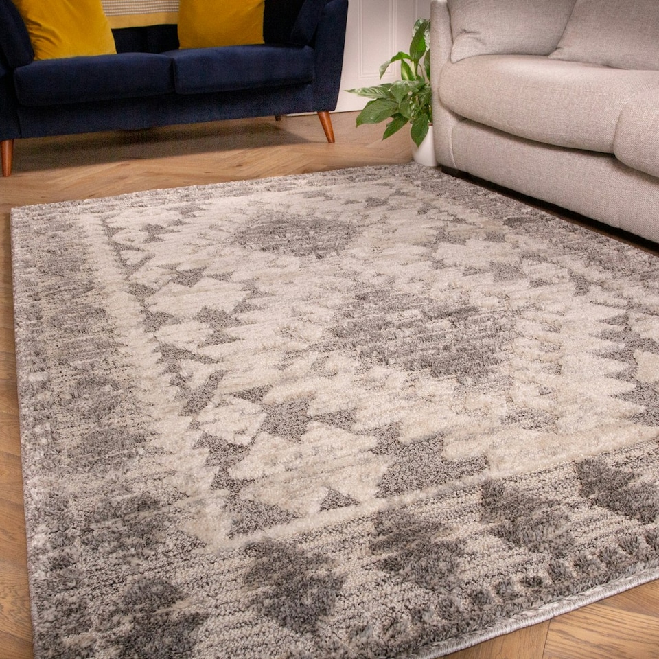 image 1 of KUKOON Grey Cream Geometric Loop Pile Living Room Area Rug 120cm x 170cm | Grey