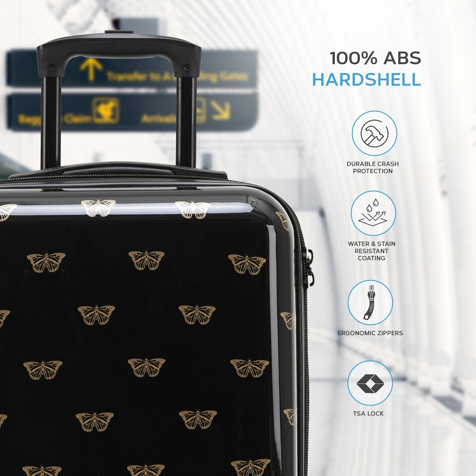 image 1 of Flight Knight Carry On Suitcase - 8 Wheel TSA Lock USB Port - Anti Crack Case Hard Luggage Approved for easyJet, Jet2, BA Black | Black/Gold Butterfly | Cabin Bag