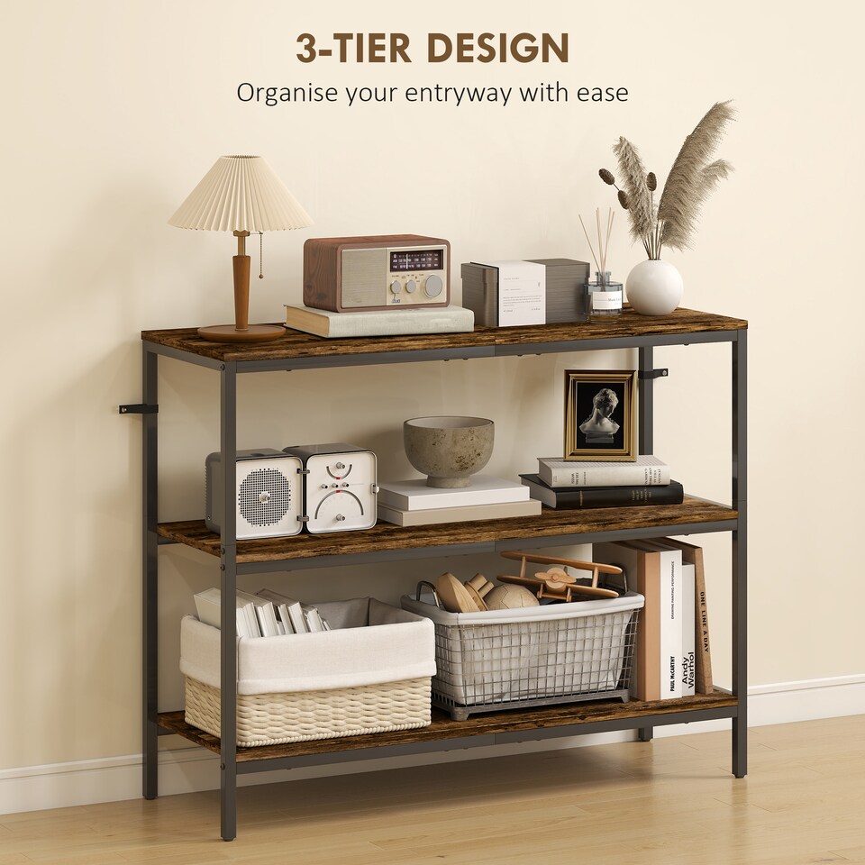 image 1 of HOMCOM 3-Tier Console Table with Storage Shelves, Industrial Entryway Table for Living Room, Hallway, Rustic Brown | Brown
