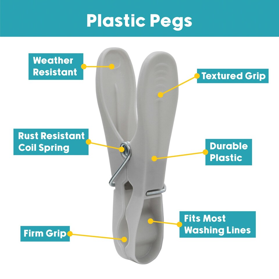 image 1 of JVL Plastic Peg Basket, Grey with 36 Extra Strong Plastic Pegs, Aqua