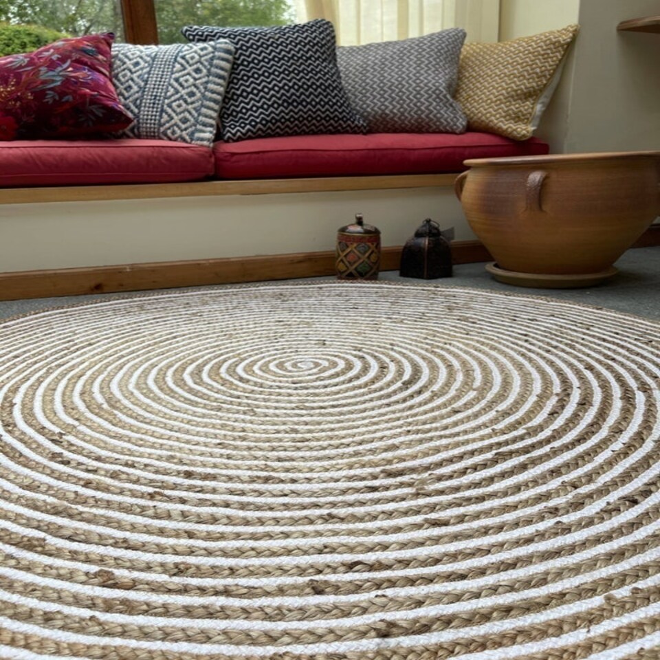 image 1 of CHAKKAR PALE Stripe Round Beige Hall Rug - Jute - L90 x W90 White