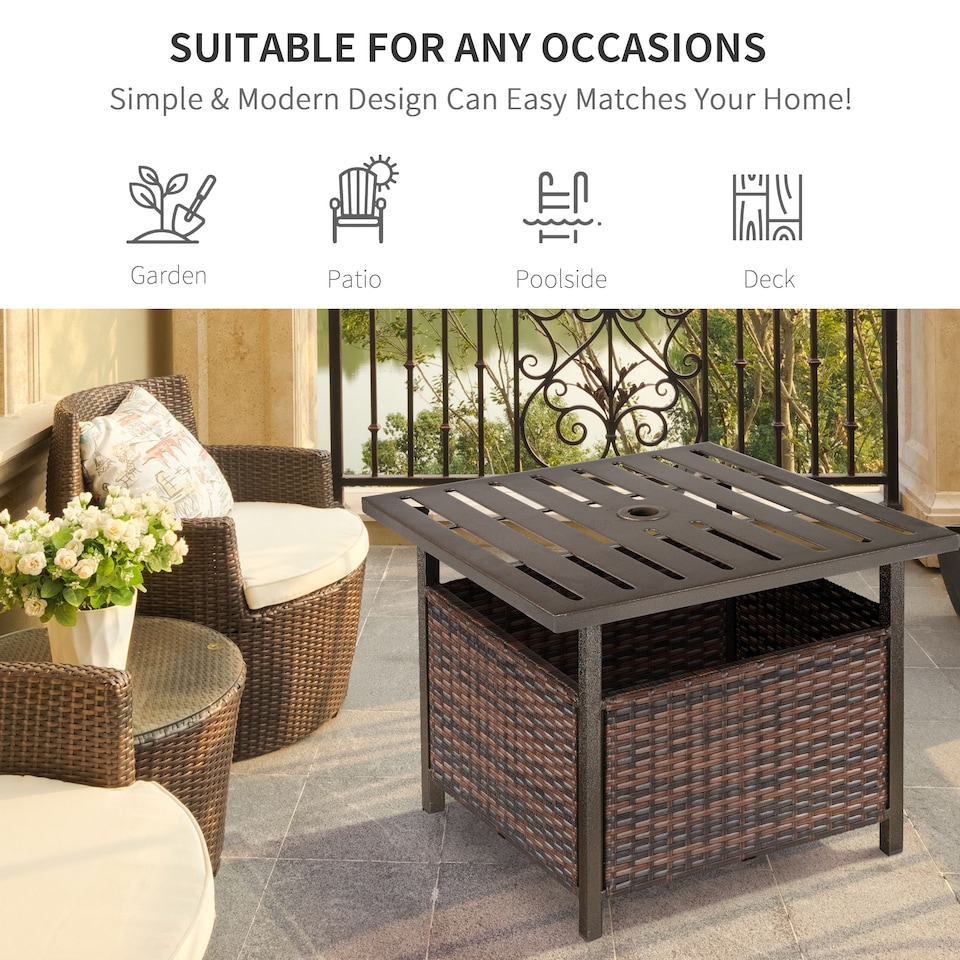 image 1 of Outsunny Rattan Garden Coffee Table, 55.5 cm Square Wicker Patio Side Coffee Table with 4 cm Umbrella Hole, Metal Bottom and Slatted Top for Outdoor, Balcony, Brown
