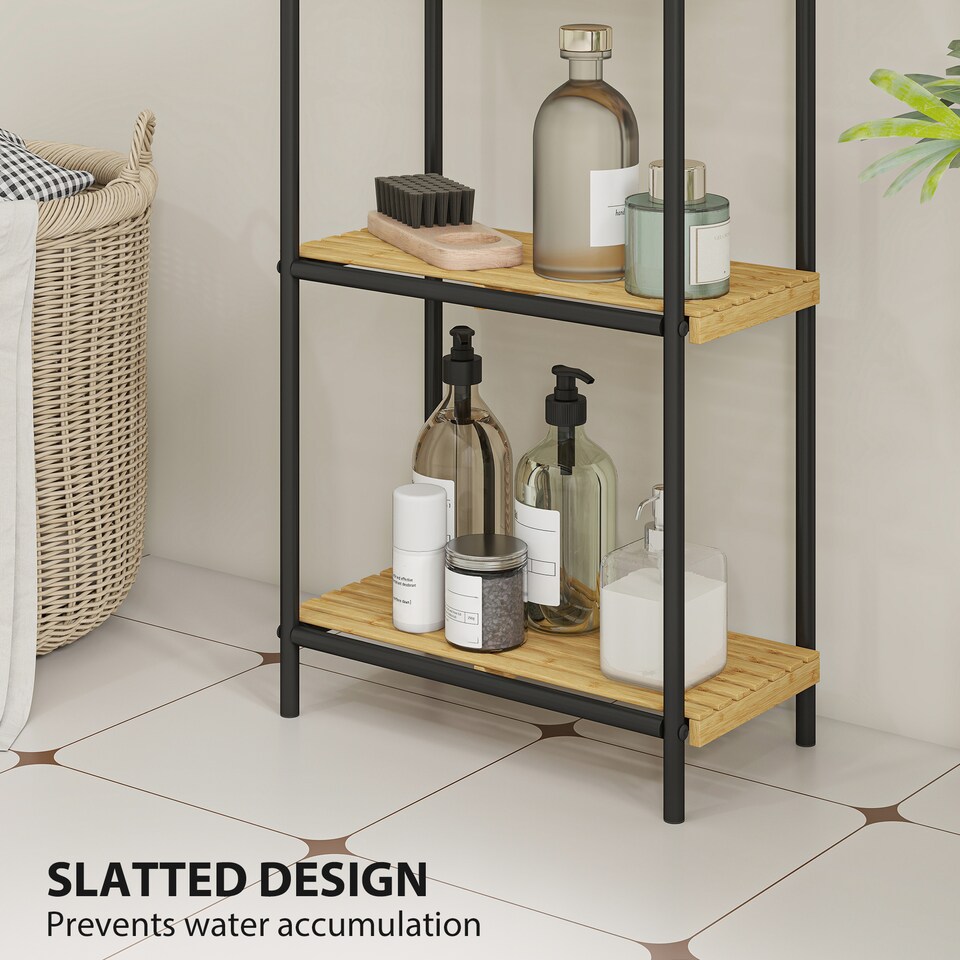 image 1 of HOMCOM 4-Tier Bamboo Bathroom Storage Shelf, Freestanding Narrow Shelving Unit with Slatted Shelves for Kitchen Bathroom Living Room, 41.5 x 21.5 x 106 cm, Natural and Black | Black