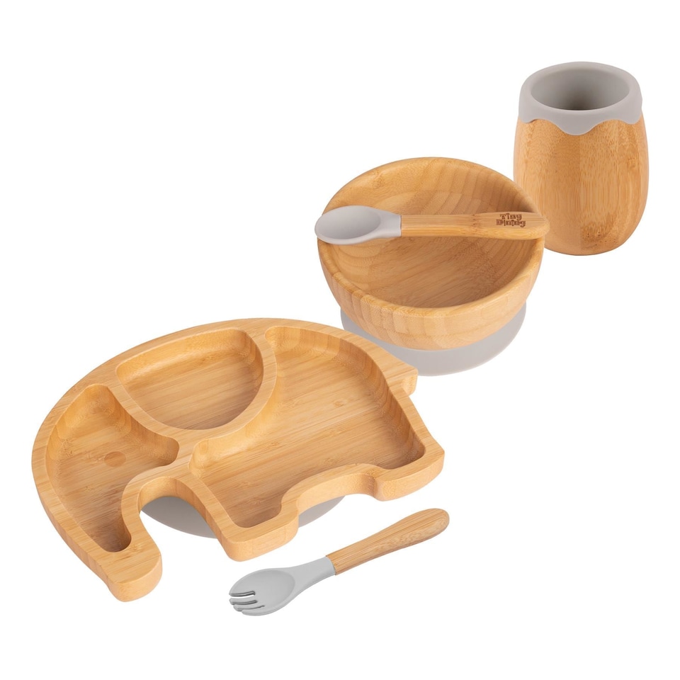 image 1 of Tiny Dining 5pc Bamboo Elephant Baby Weaning Set - Grey