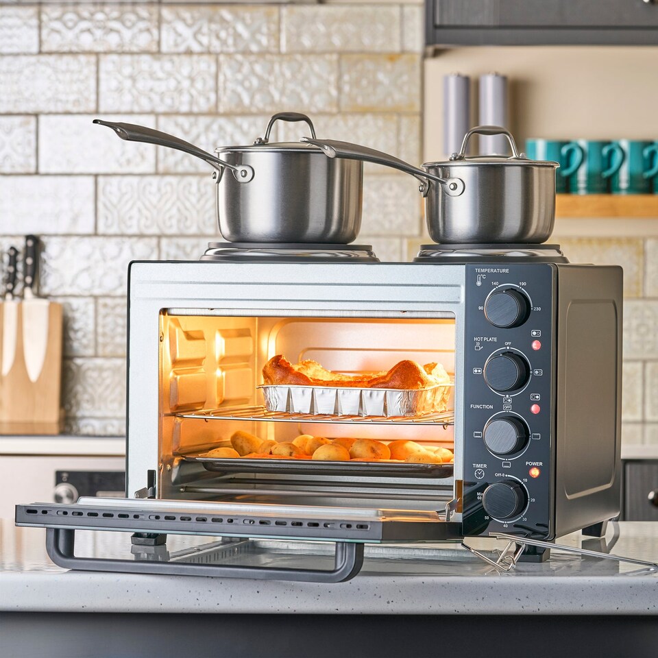 image 1 of Cooks Professional 28L Mini Oven with 2 Hobs - Electric Multifunction Countertop Cooker | Black | Black Contemporary