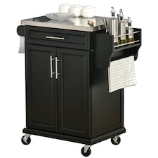 HOMCOM Wooden Kitchen Island on Wheels, Serving Cart Storage Trolley with Stainless Steel Top, Drawer, Side Handle and Rack, Black