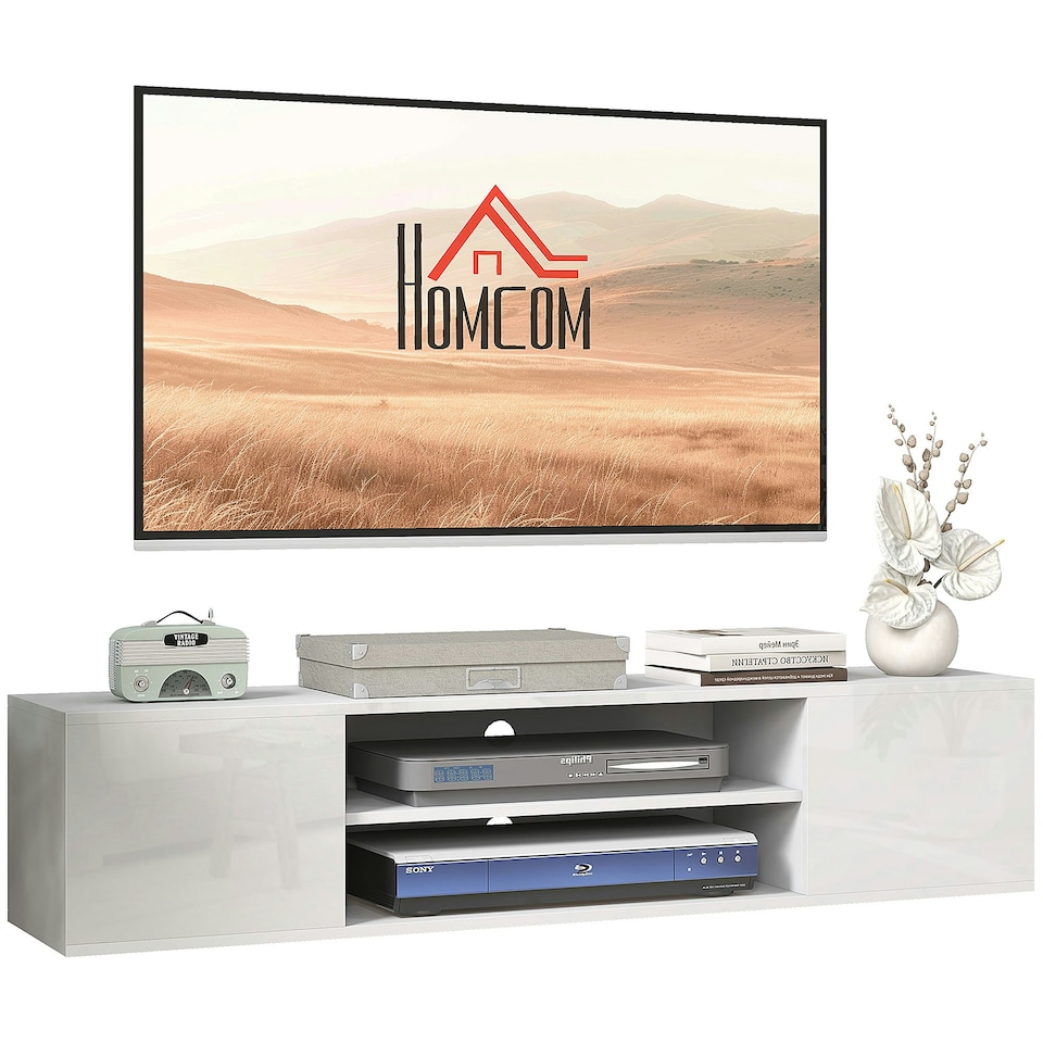 image 1 of HOMCOM Floating TV Unit for 60" TVs W/ Shelves and Cabinets, White