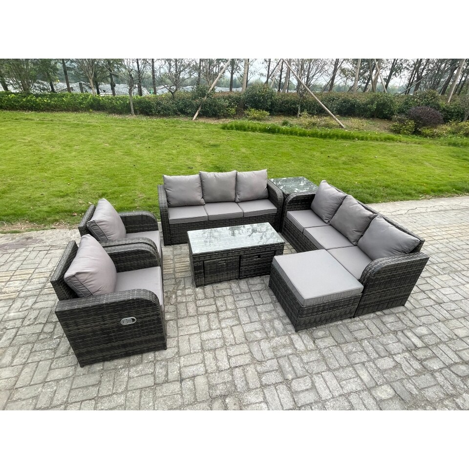 image 1 of Fimous 11 Seater Wicker PE Rattan Sofa Set Outdoor Patio Garden Furniture with 2 Reclining Chairs Coffee Table Side Table 3 Footstools Dark Grey Mixed