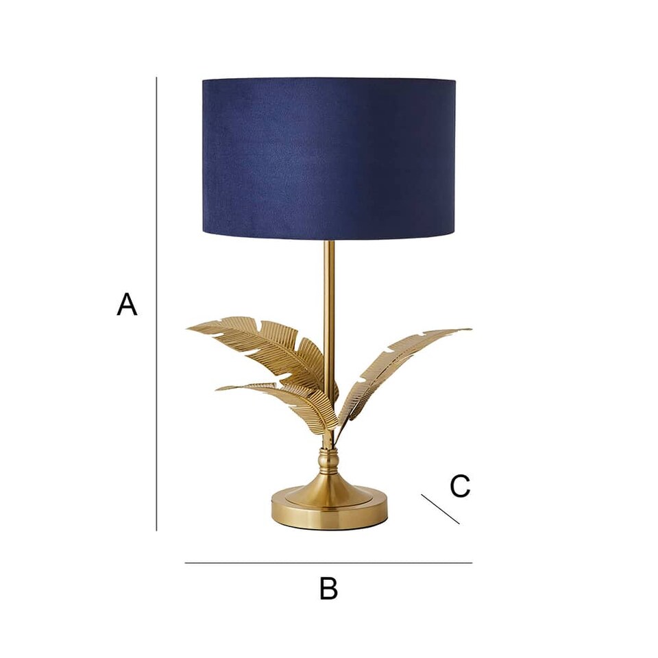 image 1 of ValueLights Christina Navy Blue Velvet with Gold Inner Drum Shade Gold Palm Leaf Table Lamp | Gold