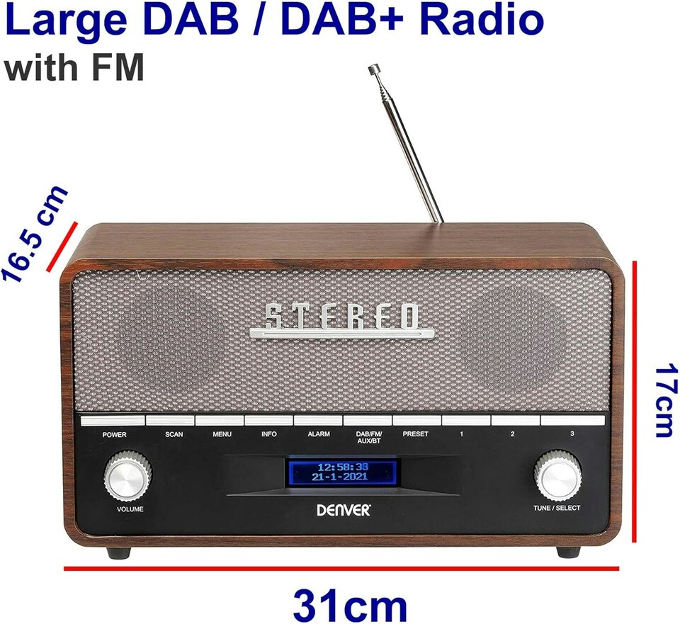 image 1 of Large Vintage Style DAB/DAB+ & FM Radio – Bluetooth – High Contrast Large Screen - AUX In – Clock & Dual Alarm – Dark Wood Cabinet – 2x5W – Mains or Battery