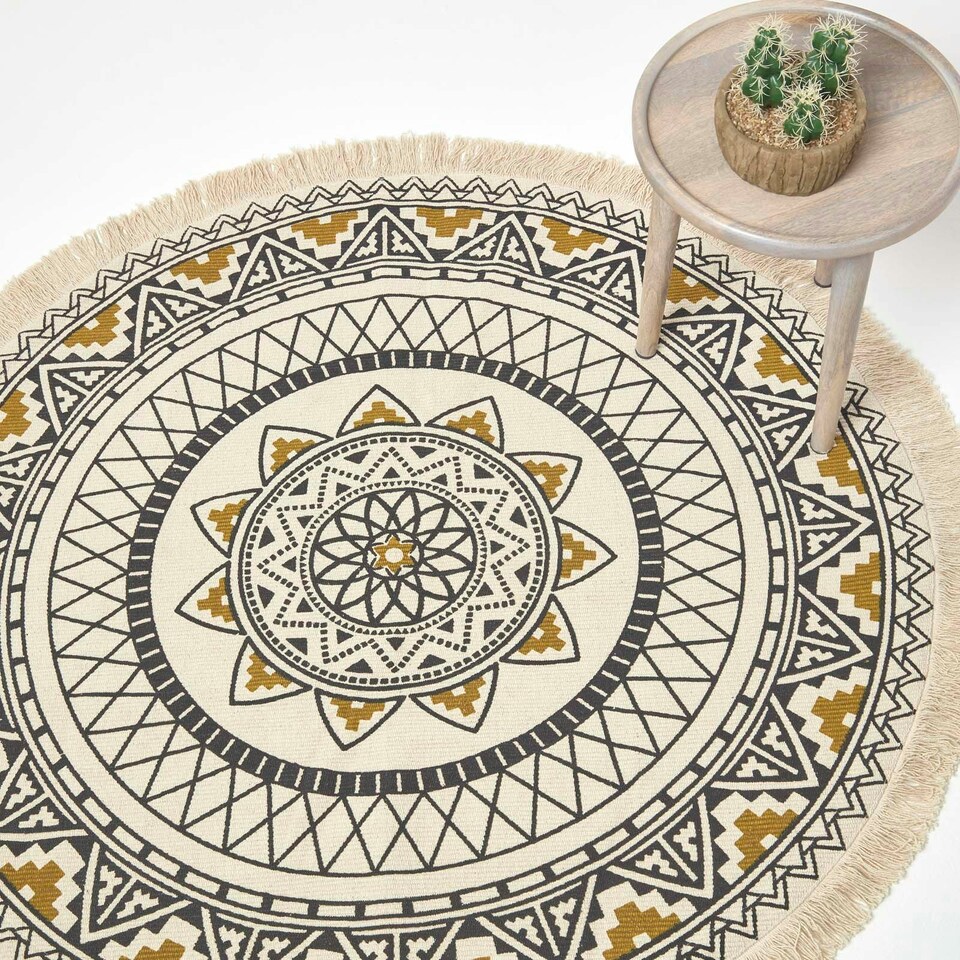image 1 of Homescapes Black and Gold 100% Cotton Mandala Printed Round Rug Black | 145 cm Round