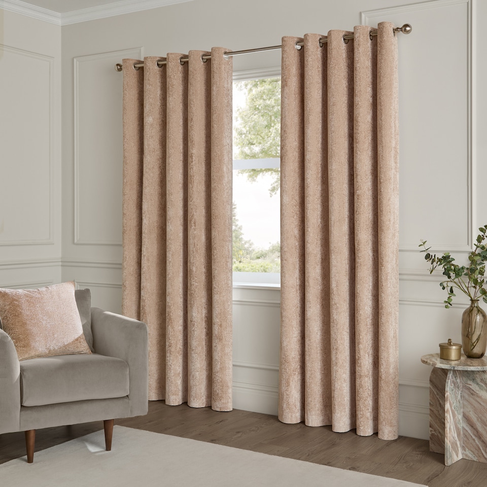 image 1 of Paoletti Lustre Velvet Fully Lined Eyelet Curtain Pair, Oyster, (W) 168 x (D) 137cm | Cream | Oyster | 1