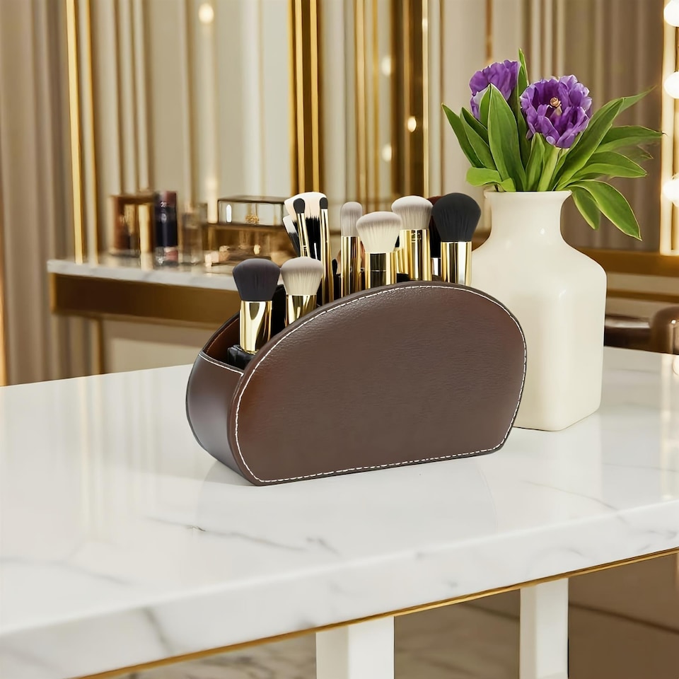 image 1 of Faux Leather Remote Control Holder 5 Compartment Desktop Organiser Brown