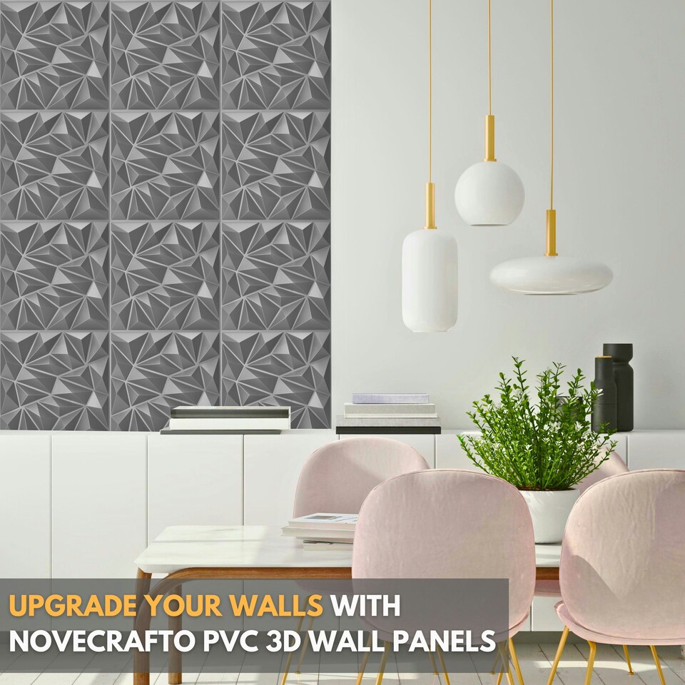image 1 of NOVECRAFTO Diamond Effect 3D Wall Panels – 6 Sheets Covering 1.5 sqm (16.15 sqft) – Matte Interior PVC Cladding Tiles – 19.6"x19.6" Diamond Design Grey Silver