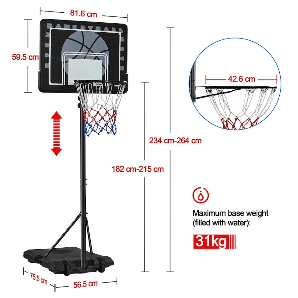 image 1 of Yaheetech 2.34-2.64M Height-Adjustable Basketball Hoop Black