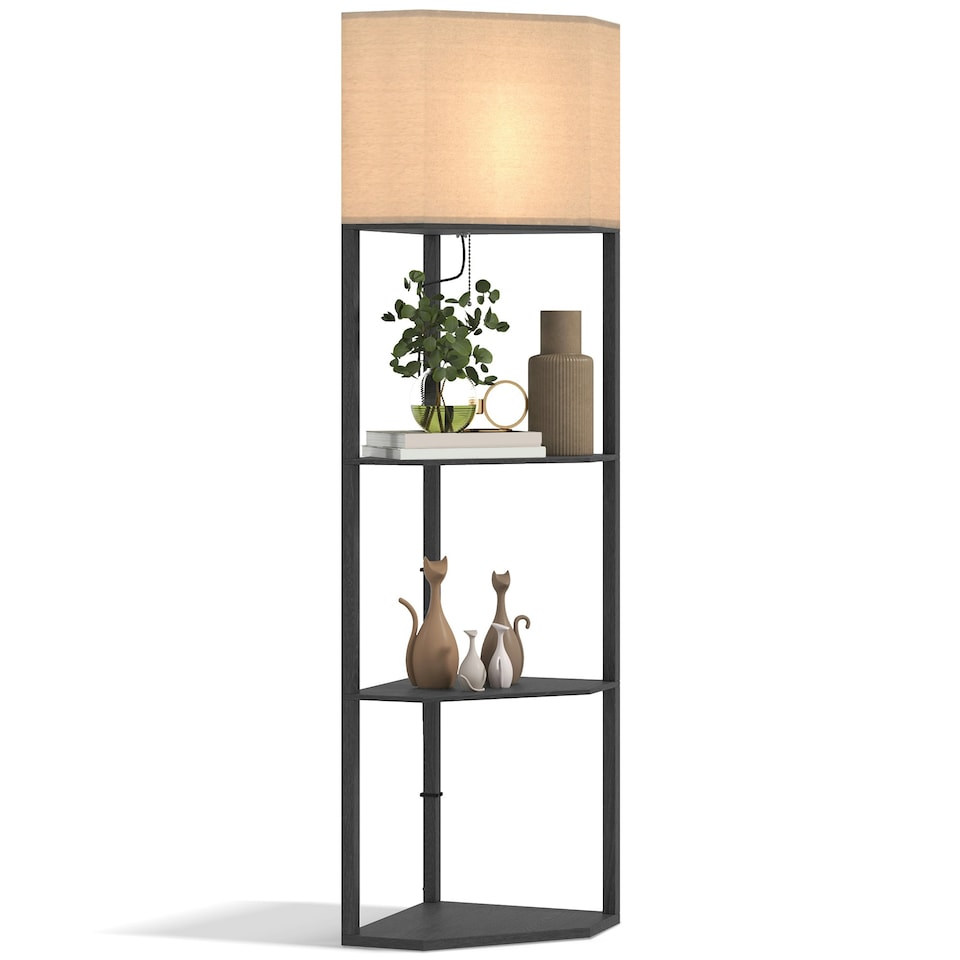 image 1 of HOMCOM Corner Modern Floor Lamp with Shelves for Living Room, Bedroom, Black