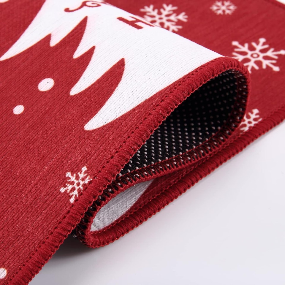 image 1 of London Boutique Christmas Doormat with Christmas Tree and Snowflake Design, Non-Slip Washable Entrance Mat, Red, 40 x 80 cm