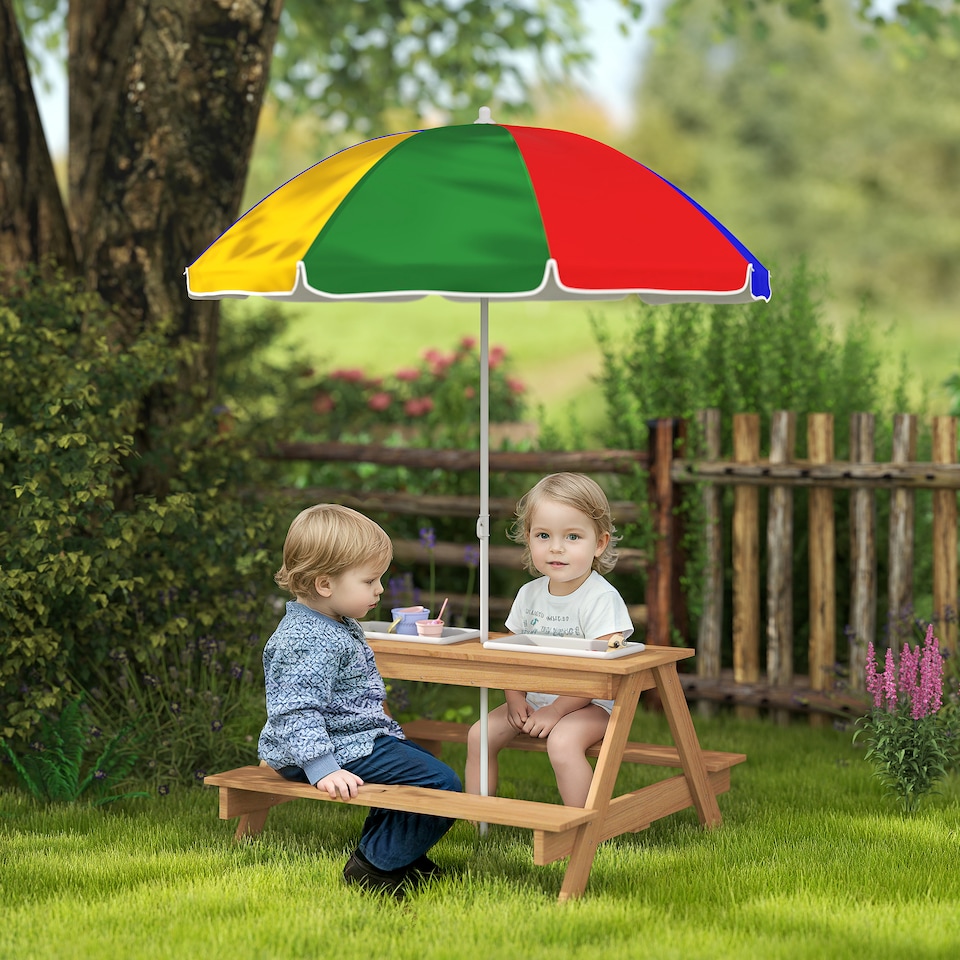 image 1 of AIYAPLAY Wooden Kids Picnic Table, Sand and Water Table w Benches, Parasol | Multi