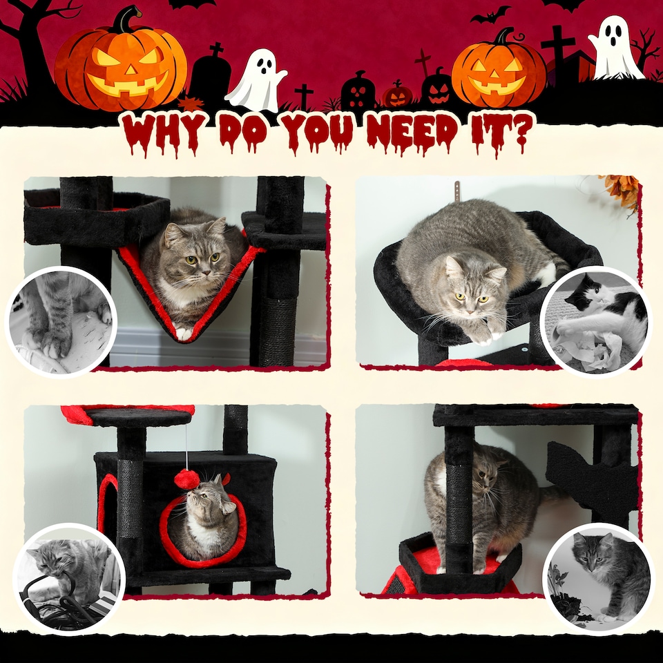 image 1 of PawHut 152cm Gothic Cat Tree for Halloween with Coffin Bed, Large Condo