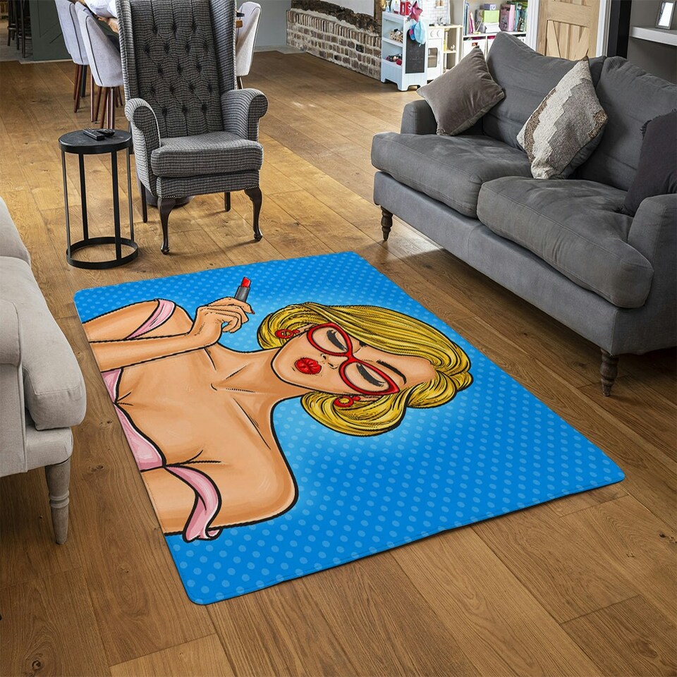 image 1 of Pop art illustration woman paints her lips (Rug) Blue | XL