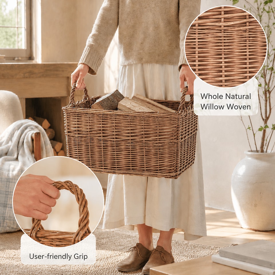 image 1 of Rectangle Rustic Countryside Style Chunky Wicker Fireside Heavy Duty Log Baskets