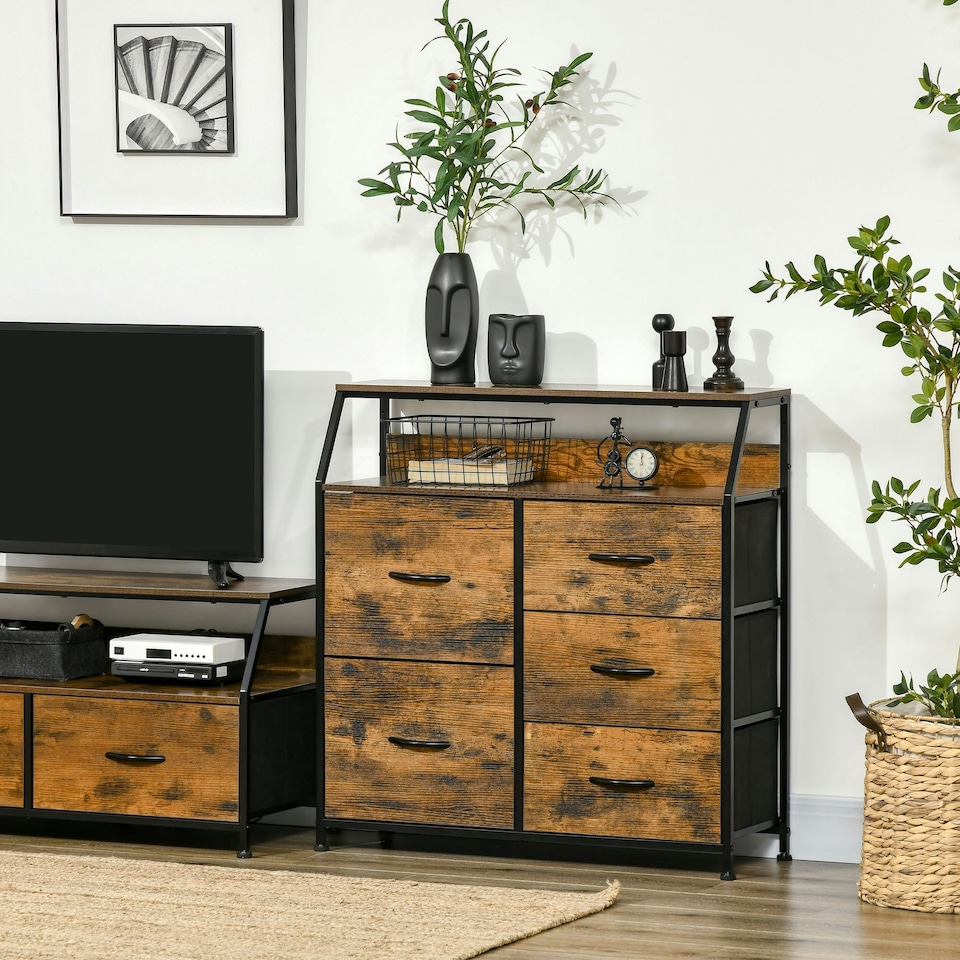 image 1 of HOMCOM Bedroom Chest of Drawers with 5 Fabric Drawers, Open Shelf