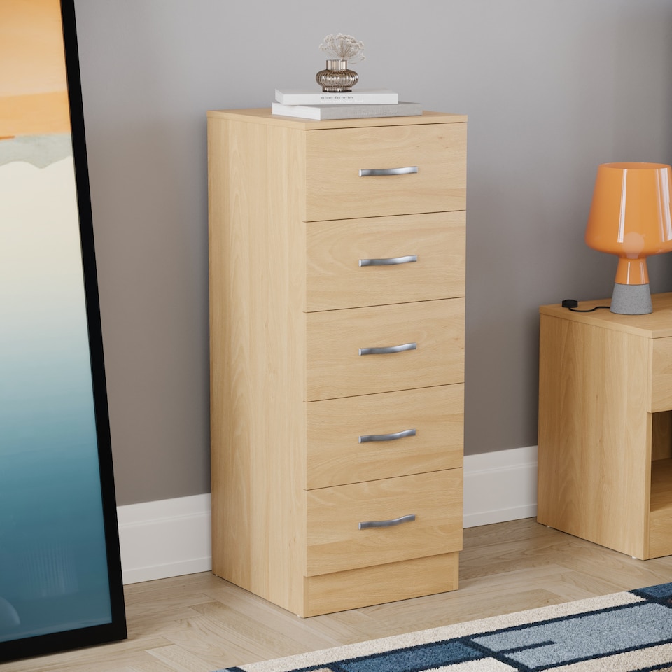 image 1 of Vida Designs Riano 5 Drawer Narrow Chest of Drawers Bedroom Storage, Pine